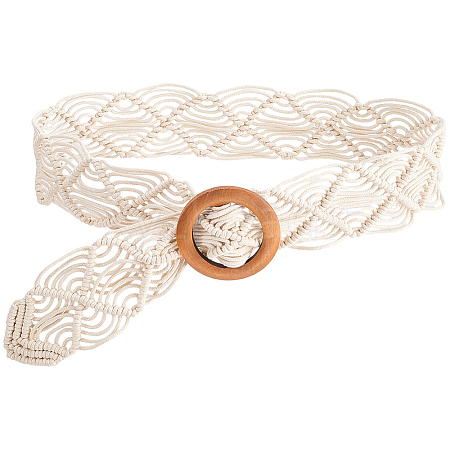 Cloth Woven Rhombus with Wood Chain Belts for Women AJEW-WH20019-125B-1