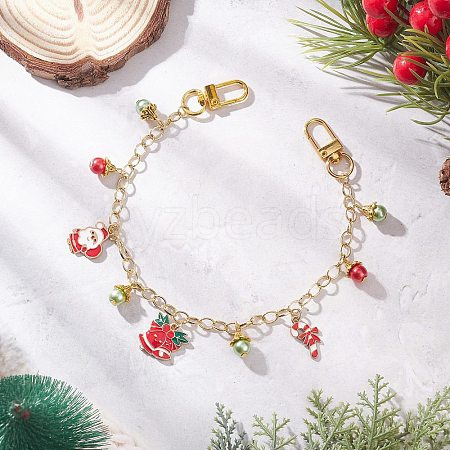Alloy Enamel Santa Claus Christmas Bell Candy Cane Charm Brass Cable Chain Purse Decorative Chains AJEW-BA00170-1