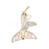 Alloy Crystal Rhinestone & Glass Whale Tail Brooch Pins with ABS Pearl for Clothes Backpack JEWB-T005-04KCG-1