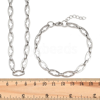 304 Stainless Steel Cross Link Chain Bracelet & Necklace Jewelry Sets SJEW-L199-07P-1