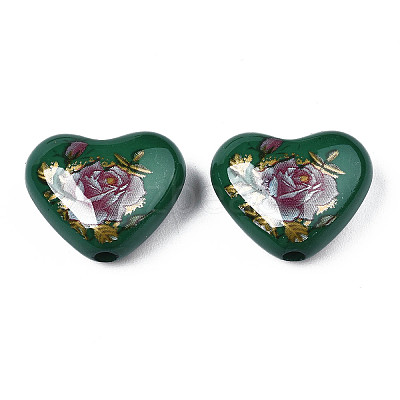 Flower Printed Opaque Acrylic Heart Beads SACR-S305-28-N04-1