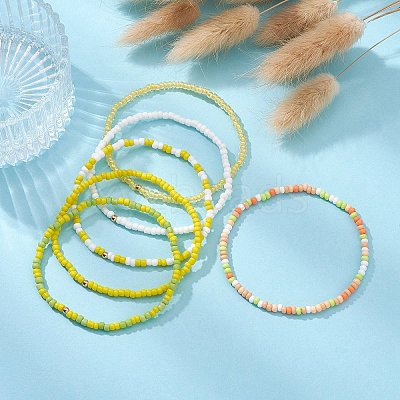 6Pcs Glass Seed & Brass Beaded Stretch Bracelets Set BJEW-JB09538-04-1