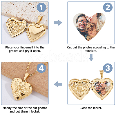 304 Stainless Steel Heart Locket Pendant Necklaces for Photo NJEW-WH0020-97D-1