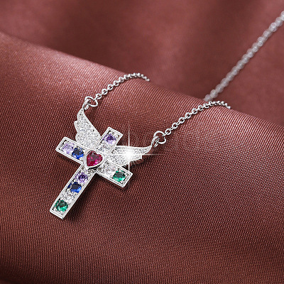 Brass Pave Colorful Cubic Zirconia Cross with Angel Wings Pendant Necklaces for Women WGF2102-02-1
