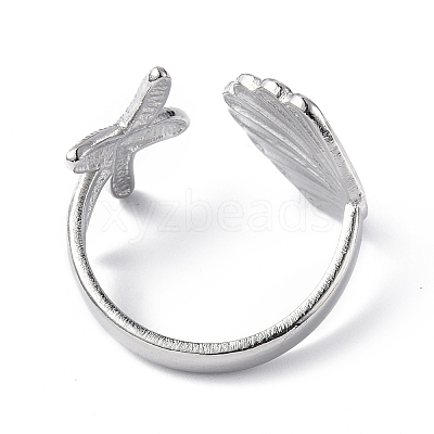 304 Stainless Steel Shell with Starfish Open Cuff Ring for Women RJEW-C046-03P-1
