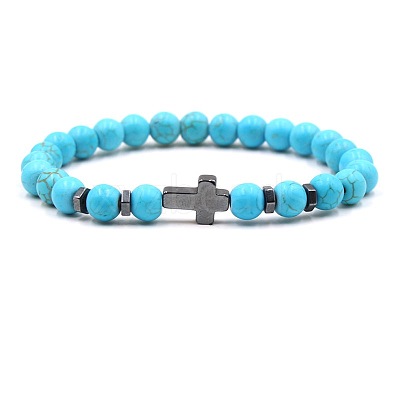 8MM Round Dyed Natural Magnesite Beaded Stretch Bracelets with Synthetic Non-magnetic Hematite Cross FA1012-1-1