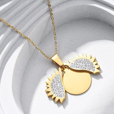 304 Stainless Steel Polymer Clay Rhinestones Sun Openable Pendant Necklaces for Women NJEW-Z065-10G-01-1