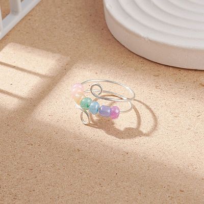Glass Seed Rotating Beaded Cuff Ring RJEW-JR00511-05-1