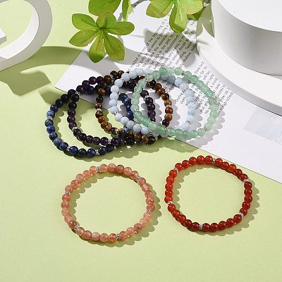 7Pcs 7 Style Natural Mixed Gemstone Round Beaded Stretch Bracelets Set BJEW-JB08917-1