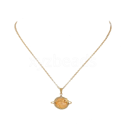 Natural Yellow Hematoid Quartz Copper Wire Wrapped Planet Pendant Brass Cable Chain Necklaces for Women NJEW-TA00260-03-1