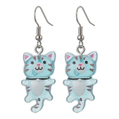 Iron Transparent Resin Cat Shape Dangle Earrings EJEW-JE06379-1