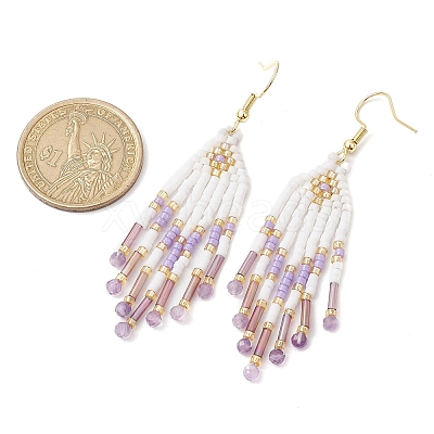 Woven Seed Beads & Natural Gemstone Tassel Earrings EJEW-MZ00154-1