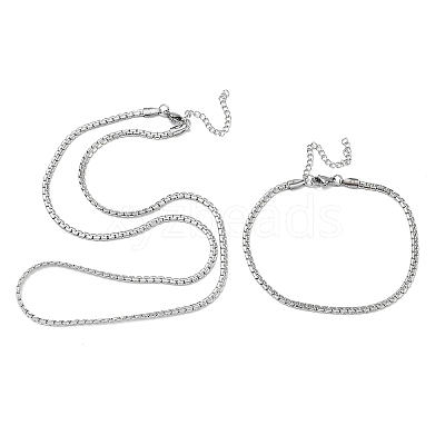 304 Stainless Steel Box Chain Necklace and Bracelet Set SJEW-D091-03P-1