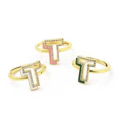Mixed Color Enamel Initial Letter Adjustable Ring with Clear Cubic Zirconia RJEW-P045-01G-T-1