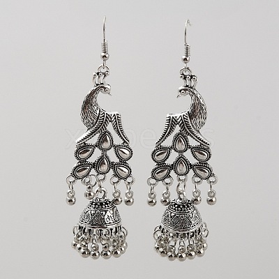 Tibetan Style Alloy Peacock with Bell Chandelier Earrings EJEW-WH0010-42AS-1