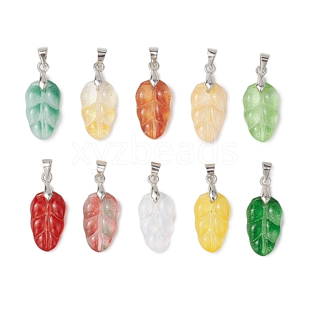 Leaf Gradient Color Baking Paint Glass Pendants PALLOY-JF03273-1