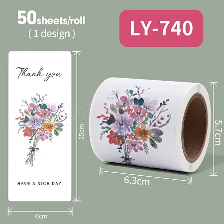 50Pcs Rectangle with Flower Thank You Paper Self-Adhesive Stickers AJEW-S084-01G-1