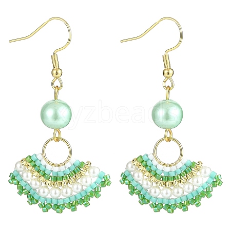 Glass Beaded Fan with Imitation Pearl Dangle Earrings EJEW-MZ00066-1