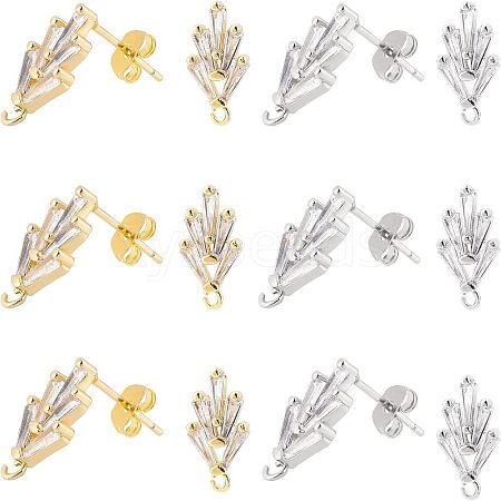 6 Pairs 2 Colors Brass Micro Pave Cubic Zirconia Stud Earring Findings with Loops KK-NB0002-51-1