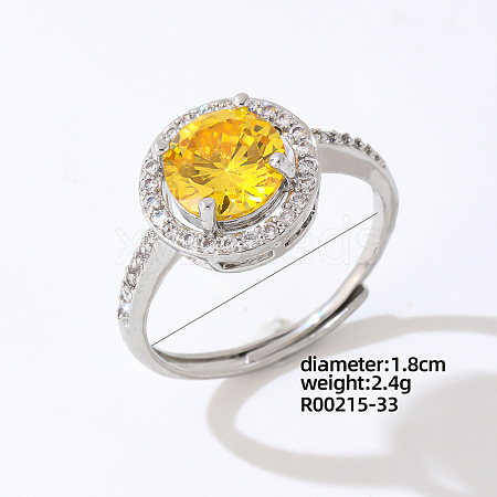 Flat Round Platinum Brass Adjustable Ring with Yellow Cubic Zirconia EG7863-27-1