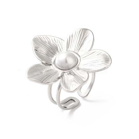 304 Stainless Steel Flower Open Cuff Ring for Women RJEW-C091-02P-1