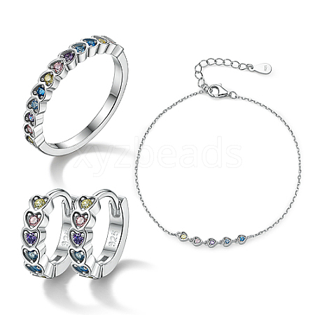 Rhodium Plated Sterling Silver Heart Finger Rings & Link Bracelets & Hoop Earrings ES9944-7-1