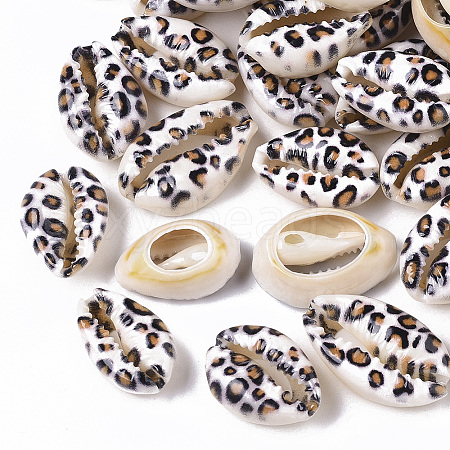 Printed Natural Cowrie Shell Beads X-SSHEL-R047-01-B02-1