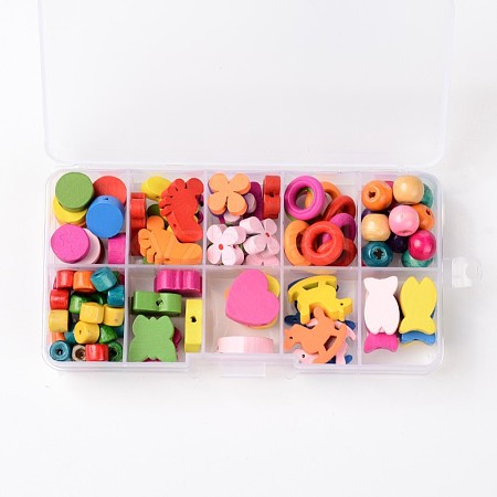 1Box Mixed Shapes Wood Beads for Children DIY WOOD-X0003-B-1