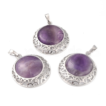 Natural Amethyst Pendants with Hollow Platinum Brass Findings G-P448-A18-P-1