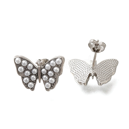 Rack Plating Butterfly Brass & ABS Imitation Pearl Stud Earrings EJEW-I310-14P-1