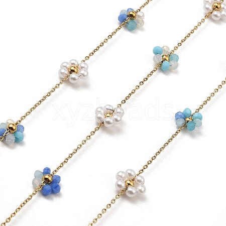 Glass & ABS Plastic Pearl Beaded Flower Link Chains CHS-G028-08G-03-1