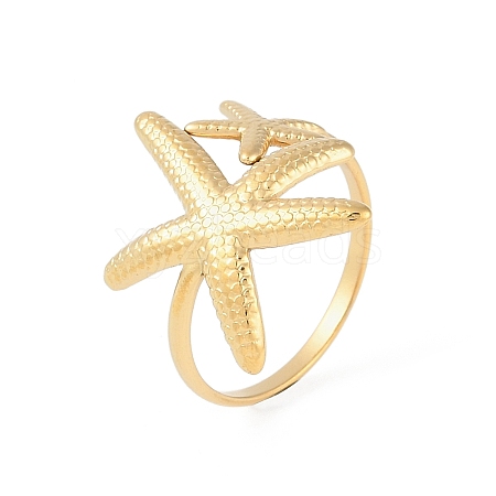 Ion Plating(IP) 304 Stainless Steel Starfish Open Cuff Rings for Women RJEW-S418-03G-1