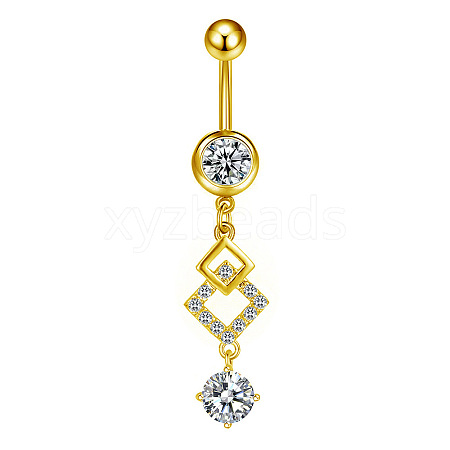 304 Stainless Steel Pave Clear Cubic Zirconia Curved Barbell Rhombus Dangle Belly Rings FS-WGF29F0-08-1