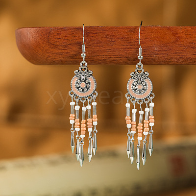 Bohemian Style Alloy Enamel Flat Round Tassel Chandelier Earrings FS-WG14215-08-1