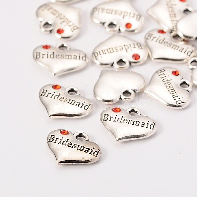 Wedding Theme Antique Silver Tone Tibetan Style Heart with Bridesmaid Rhinestone Charms X-TIBEP-N005-04B-1