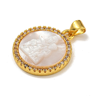 Rack Plating Brass Micro Pave Clear Cubic Zirconia Flat Round Pendants KK-U025-10G-06-1