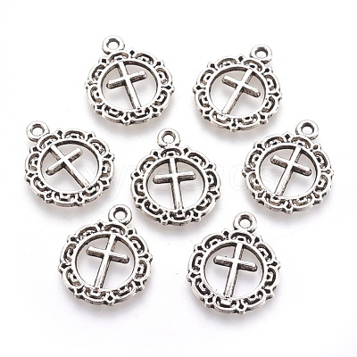 Tibetan Style Flat Round with Cross Alloy Pendants X-TIBEP-Q054-07AS-RS-1