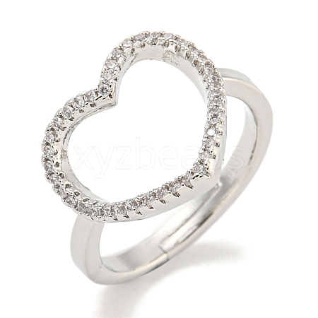 Heart Rack Plating Brass Micro Pave Cubic Zirconia Heart Adjustable Rings for Women RJEW-F162-12P-1