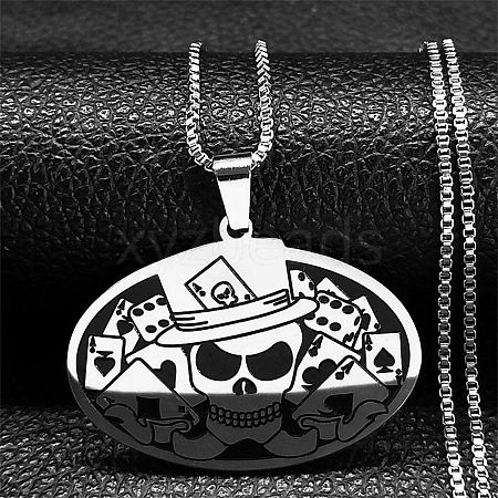 Oval with Skull 304 Stainless Steel Pendant Necklaces NJEW-K253-31P-1