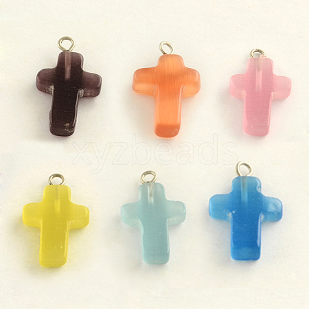 Platinum Plated Cat Eye Gemstone Cross Pendants X-G-R269-10-1