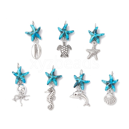 7Pcs 7 Styles Dyed Synthetic Turquoise Starfish & Alloy Sea Animals Pendants PALLOY-JF03754-04-1