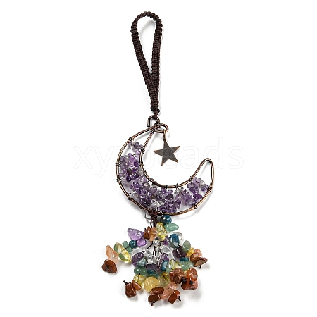 Wire Wrapped Brass Moon & Natural Amethyst Pendant Decoration HJEW-C006-02D-1