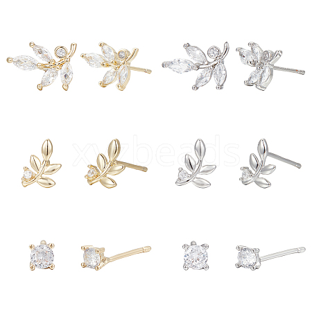 ANATTASOUL 2 Sets 2 Colors Brass Micro Pave Cubic Zirconia Stud Earrings Set EJEW-AN0004-49-1