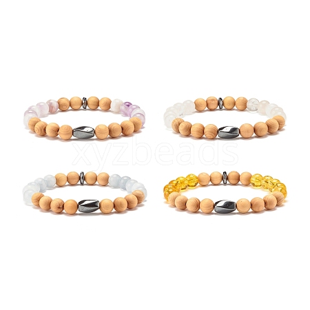 Natural Gemstone & Wood & Synthetic Hematite Stretch Bracelet BJEW-JB07613-1