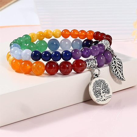 2Pcs Chakra Dyed Natural Mixed Gemstone Round Beads Stretch Bracelets FS-WG435B7-05-1