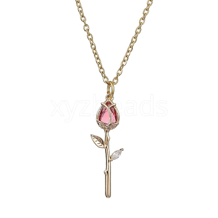 Rose Flower Brass Cubic Zirconia Pendant Necklaces NJEW-JN05055-01-1