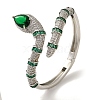 Brass Pave Green & Clear Cubic Zirconia Snake Open Cuff Bangle for Women BJEW-K246-10P-1