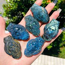 Natural Labradorite Carved Healing Owl with Skull Figurines PW-WG91642-01