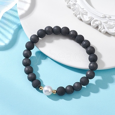 Natural Shungite & Cultured Freshwater Pearl Round Beaded Stretch Bracelets for Women BJEW-JB13321-02-1