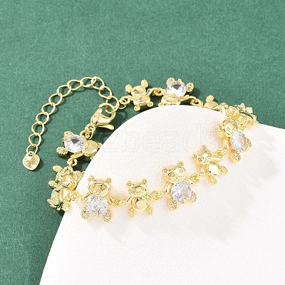 Bear Brass Micro Pave Cubic Zirconia Link Chain Bracelets for Women BJEW-K248-05G-1